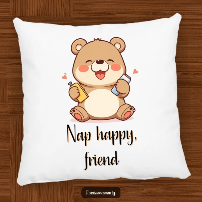 Funny pillow featuring a giggling bear character demonstrating a product with exaggerated happy movements, perfect for adding cheer and comfort.
