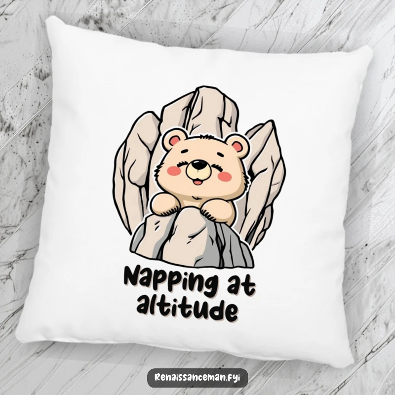 Funny Proud Bear Smiling from a Rocky Peak, Soft Accent Pillow, Humorous Home Decor.