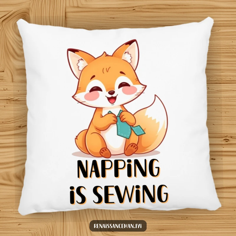 Funny pillow showcasing a giggling fox diligently stitching a patch, perfect for adding humorous comfort to any seating area.