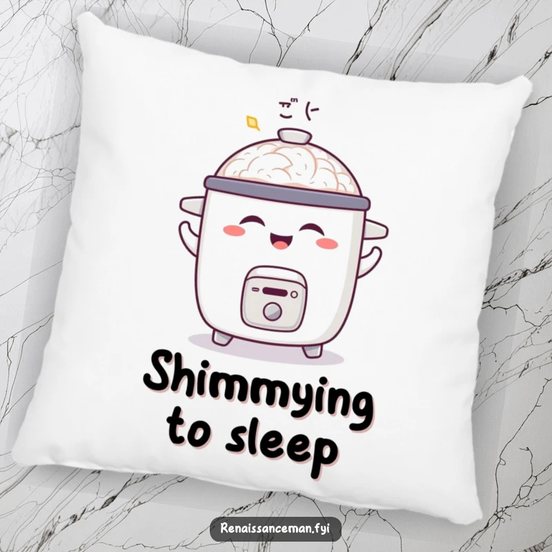 Funny pillow featuring a joyful rice cooker doing a little shimmy with a satisfied aroma, offering comfort and cheerful vibes.