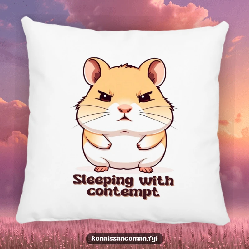 Funny pillow with a proud hamster staring blankly with disdain, offering plush comfort and judgmental charm.