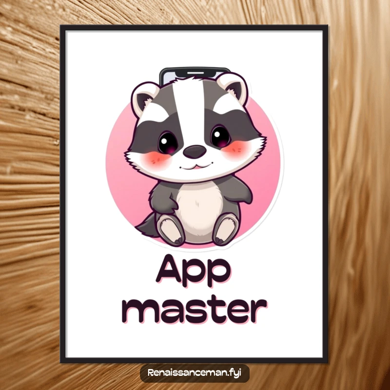 Funny beaming badger focused on a phone screen, swiping through apps. High-resolution and funny digital art.