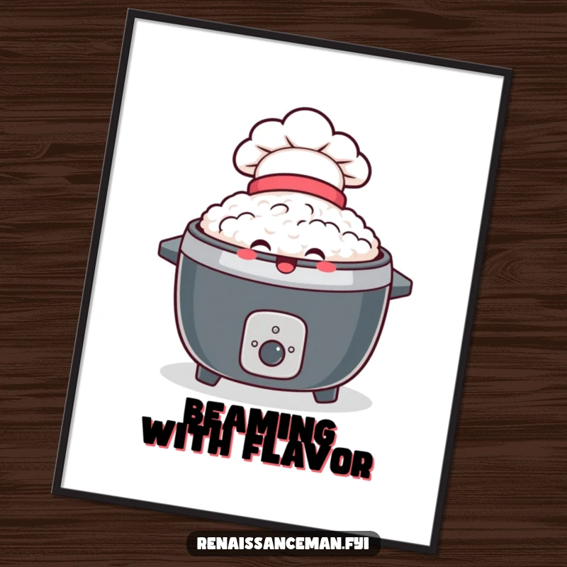 Funny digital art print of a delighted rice cooker wearing a tiny chef hat, beaming brightly, perfect for kitchen wall decor.