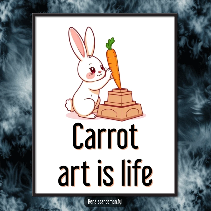 Funny digital art print of a clever rabbit sculpting a majestic statue from a carrot, bringing instant artistic flair.