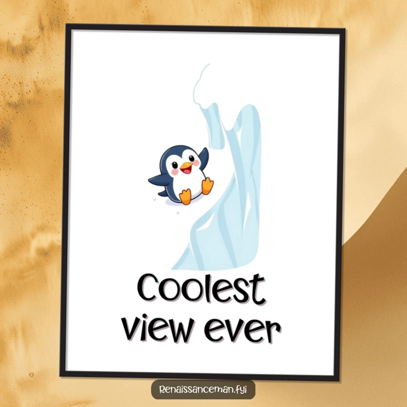 Funny Adventurous Penguin Sliding Joyfully Down a Steep Icy Wall, Humorous Digital Art Print Instant Download.