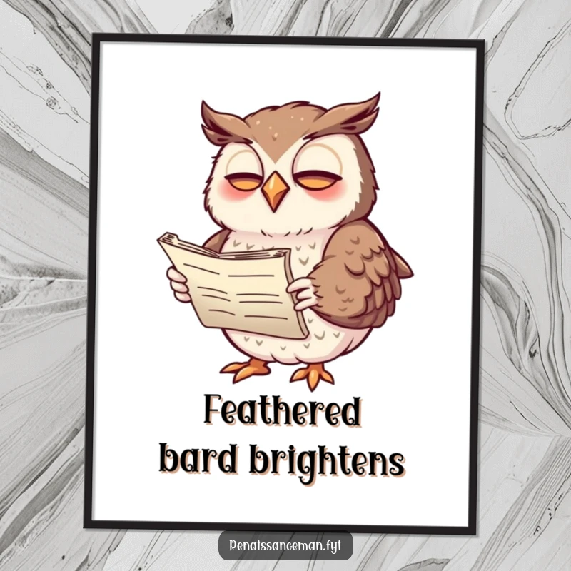Funny digital art print of a giggling owl reciting poetry with expressive wing gestures, a whimsical literary piece.