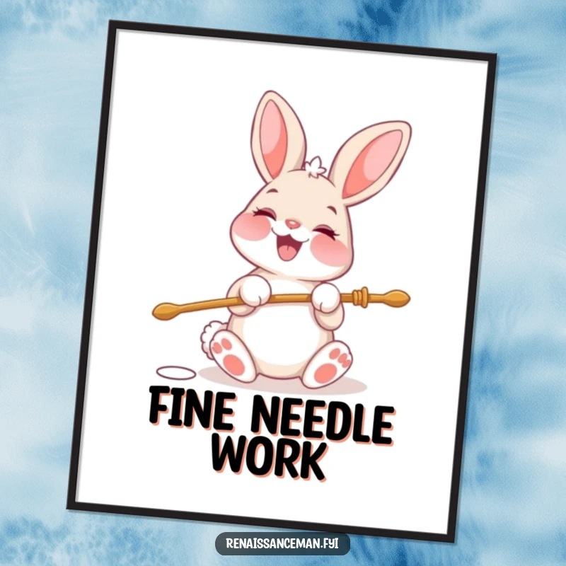 Funny digital art print of a cheerful bunny character beaming with glee while precisely threading a large needle.