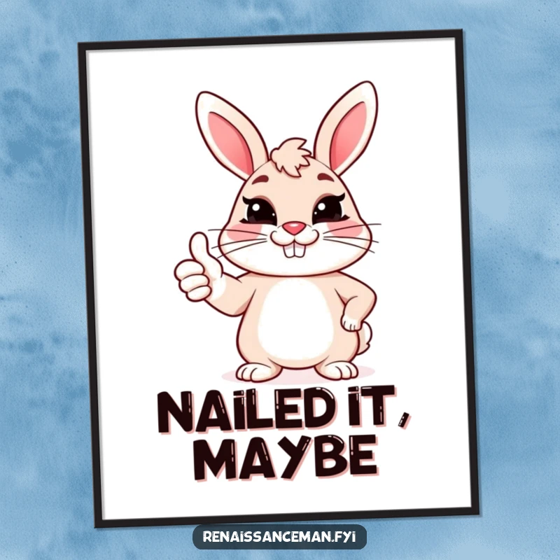 Funny digital art print of a cheerful bunny giving a sarcastic thumbs up with a forced grin, conveying irony.