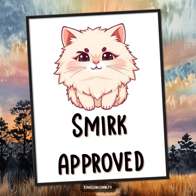 Funny cat digital art print, a fluffy cat with a raised eyebrow and a subtle smirk, perfect for wall decor.