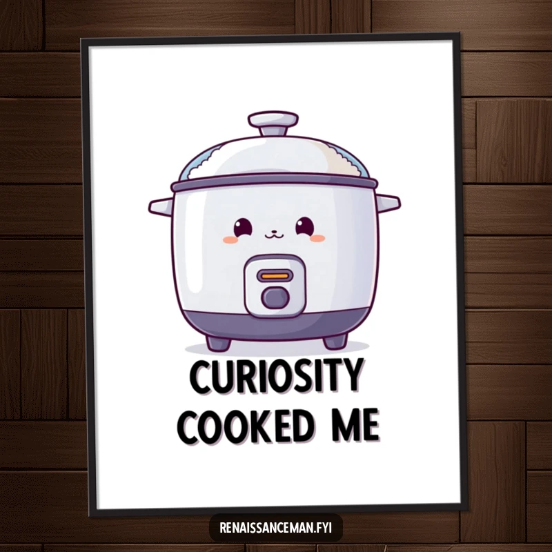 Funny digital art print of a curious rice cooker peeking from behind a steaming lid, perfect for playful wall decor.