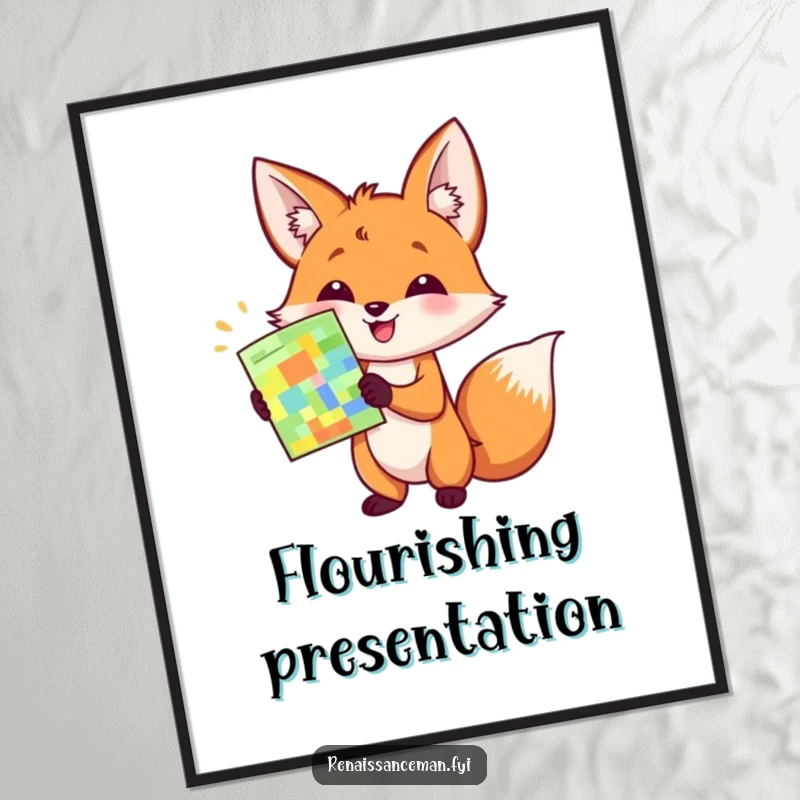 Funny digital art print of a happy fox enthusiastically presenting a colorful sample with a flourish, capturing a moment of pure showmanship.
