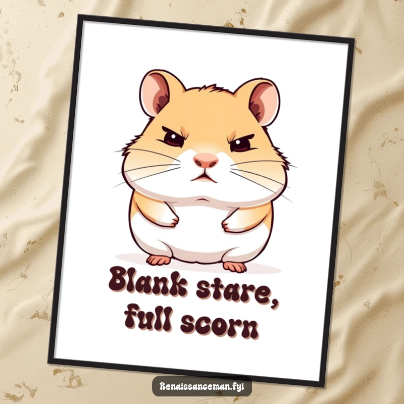 Funny digital art print of a proud hamster staring blankly with disdain, downloadable for judgmental wall decor.