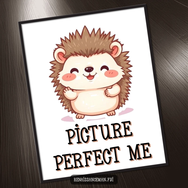 Funny hedgehog photo digital art print, high-resolution artwork of a joyful hedgehog placing a photo, ideal for instant download and gentle, humorous decor.