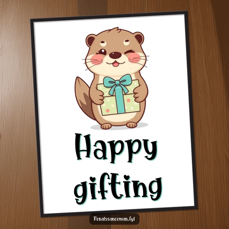 Funny otter gift digital art. A beaming otter winks as it presents a beautifully wrapped gift, ready to be framed.