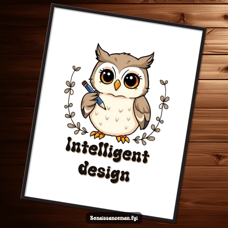 Funny digital art print: A curious owl meticulously draws a decorative border, symbolizing thoughtful creativity and wisdom.