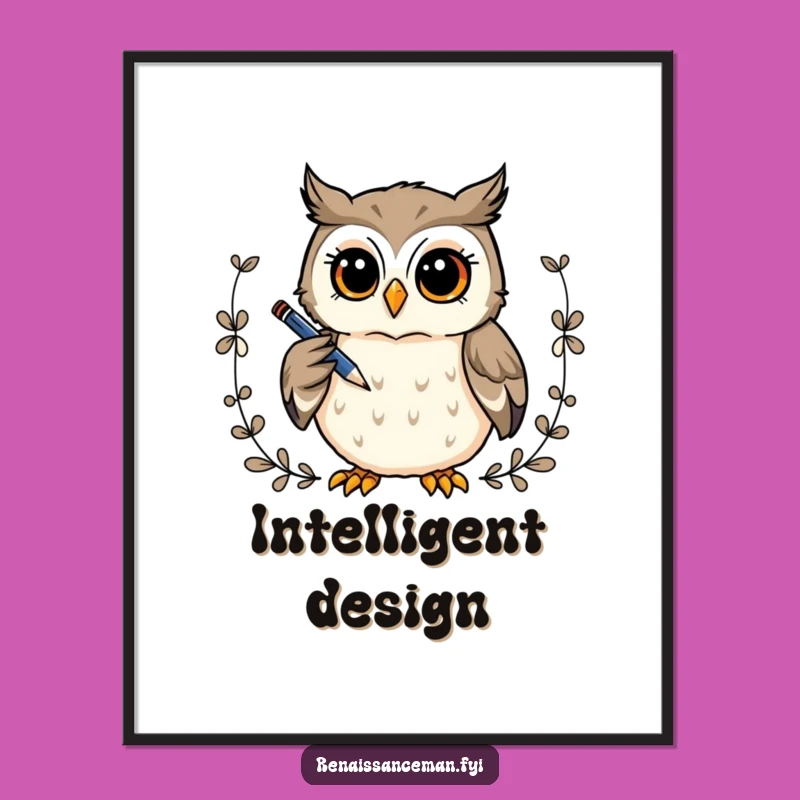Funny Owl Artist Digital Art: Curious Owl Draws Border, Printable Wisdom Gift