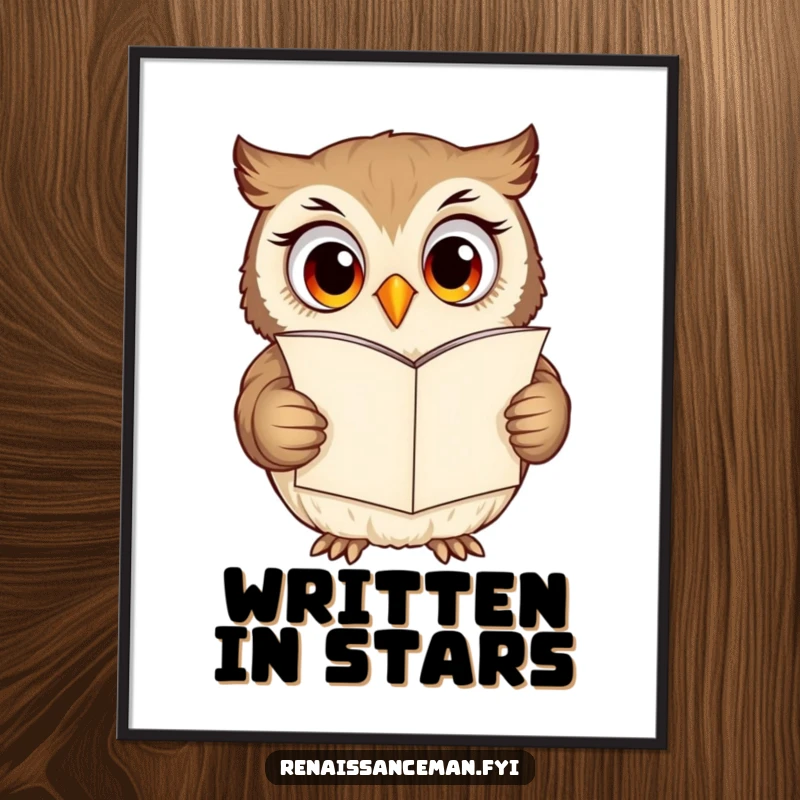 Funny owl digital art, curious owl with excited eyes reading a grand love letter, printable artwork.