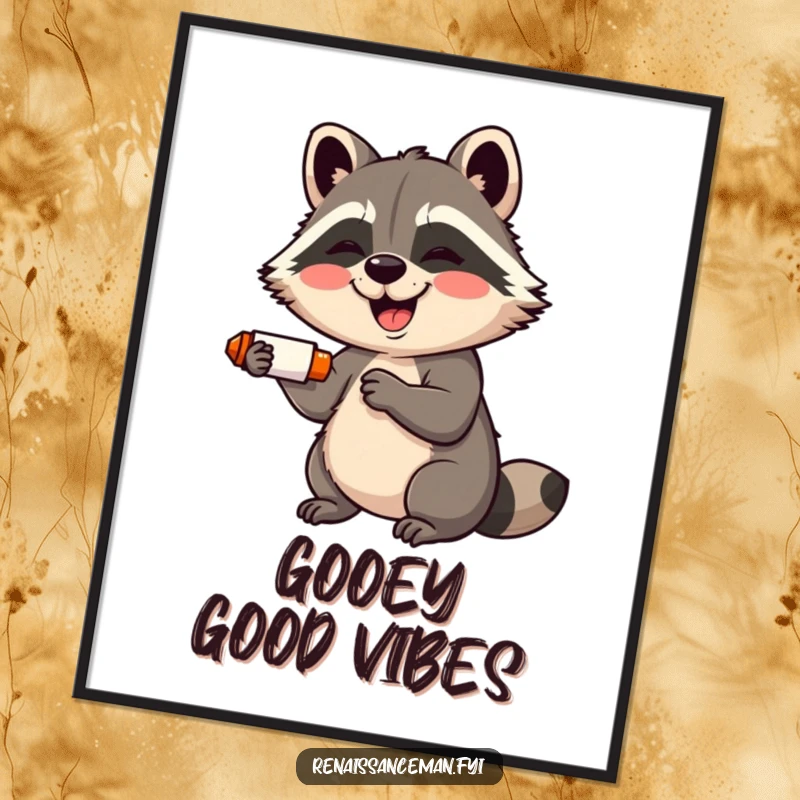Funny digital art print: A giggling raccoon with a wide smile adorably uses a glue stick, embodying crafting happiness.
