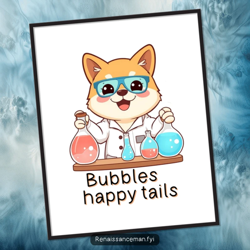 Funny digital art print of a beaming Shiba Inu conducting a science experiment with bubbling flasks, a delightful scientific artwork.