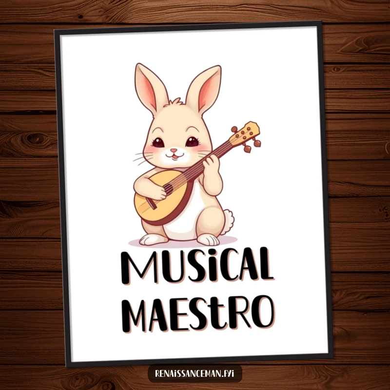 Funny skilled rabbit playing a lute with a focused expression, offered as a musical digital art print.