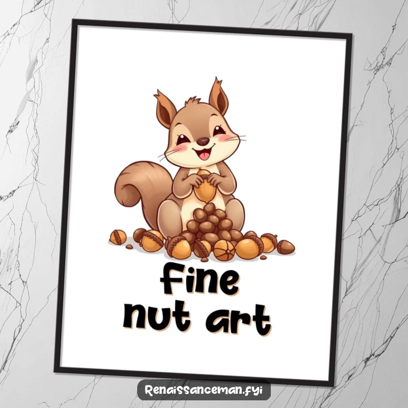 Funny squirrel digital art print, capturing the joyful act of sculpting acorns into miniature art, high-resolution download for creative spaces.