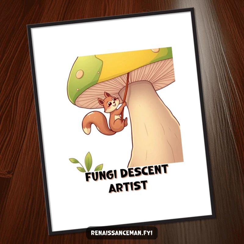 Funny squirrel digital art print, a determined squirrel rappels down a massive mushroom using a rope, evoking a sense of fun adventure.