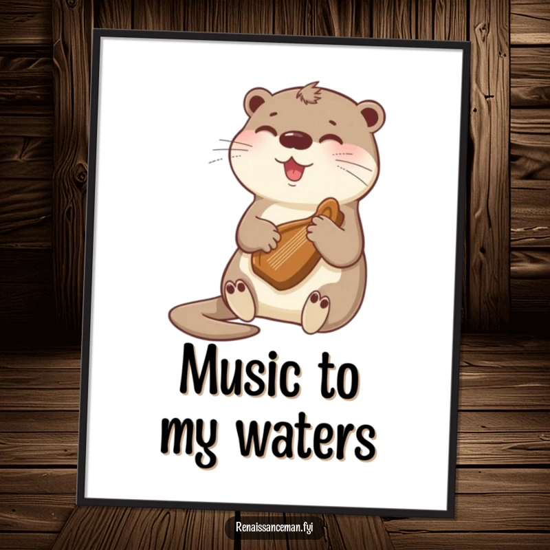 Funny beaming otter playing a gentle tune on a tiny harp, a digital art print that brings instant musical joy and adorable charm.