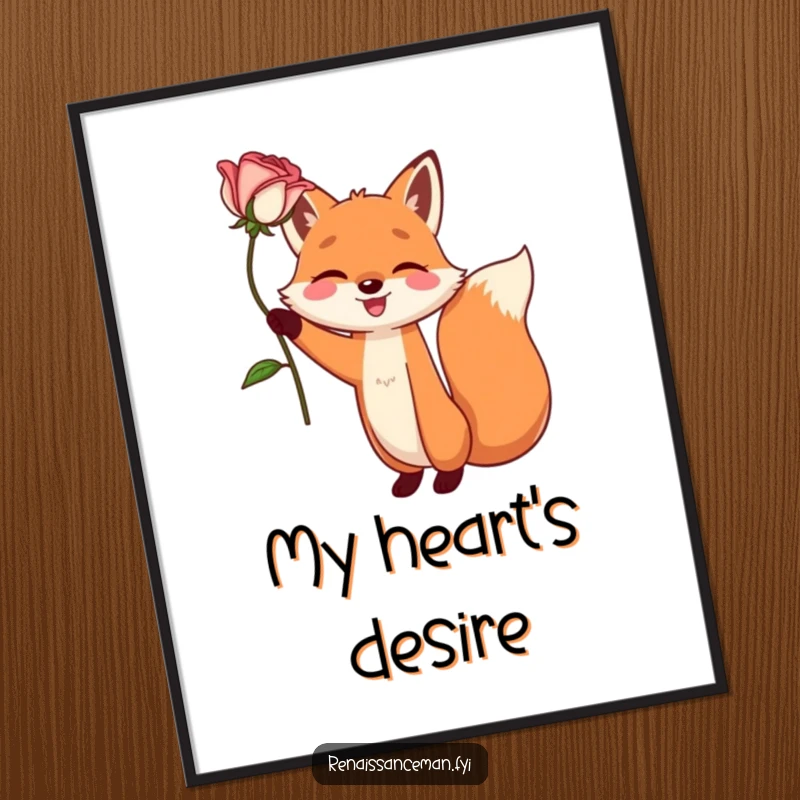 Funny digital art print of a happy fox character dramatically holding a single, perfect rose aloft. Instant downloadable romance and humor.