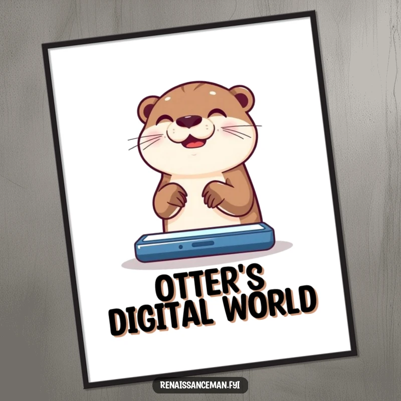 Funny otter digital art print: a happy otter absorbed in scrolling on a brightly lit digital screen.