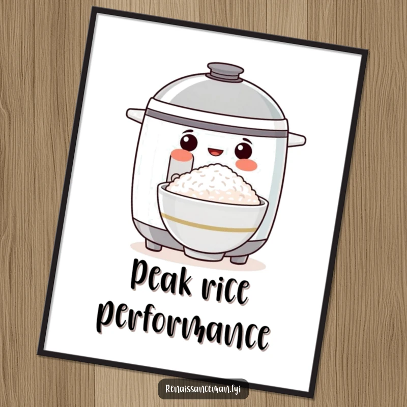 Funny digital art print of a proud rice cooker proudly displaying a perfectly cooked bowl of rice, perfect for kitchen wall decor.
