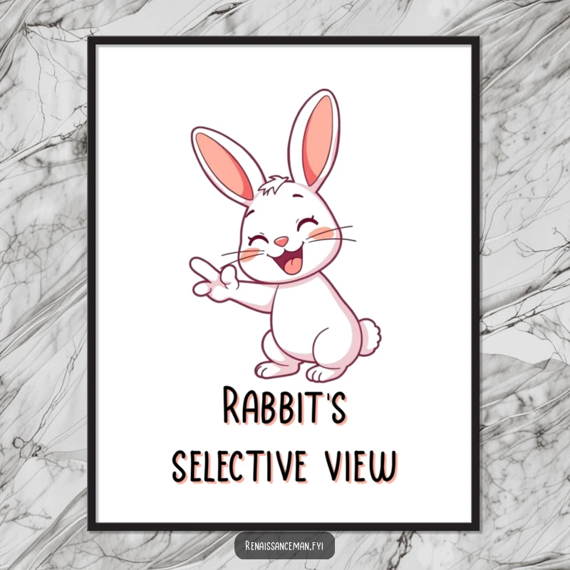 Funny rabbit digital art print: a cheerful rabbit with a playful grin enthusiastically swiping left.