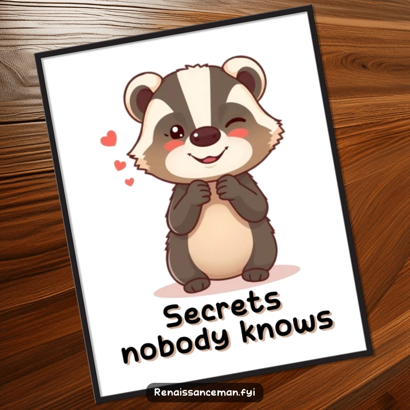 Funny digital art print of a giggling badger whispering secrets, downloadable art for humorous and mischievous wall decor.