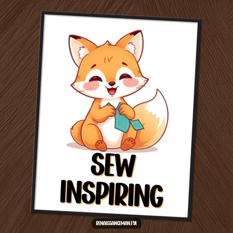 Funny digital art print showing a happy fox giggling while stitching a patch, ideal for humorous and creative wall decor.