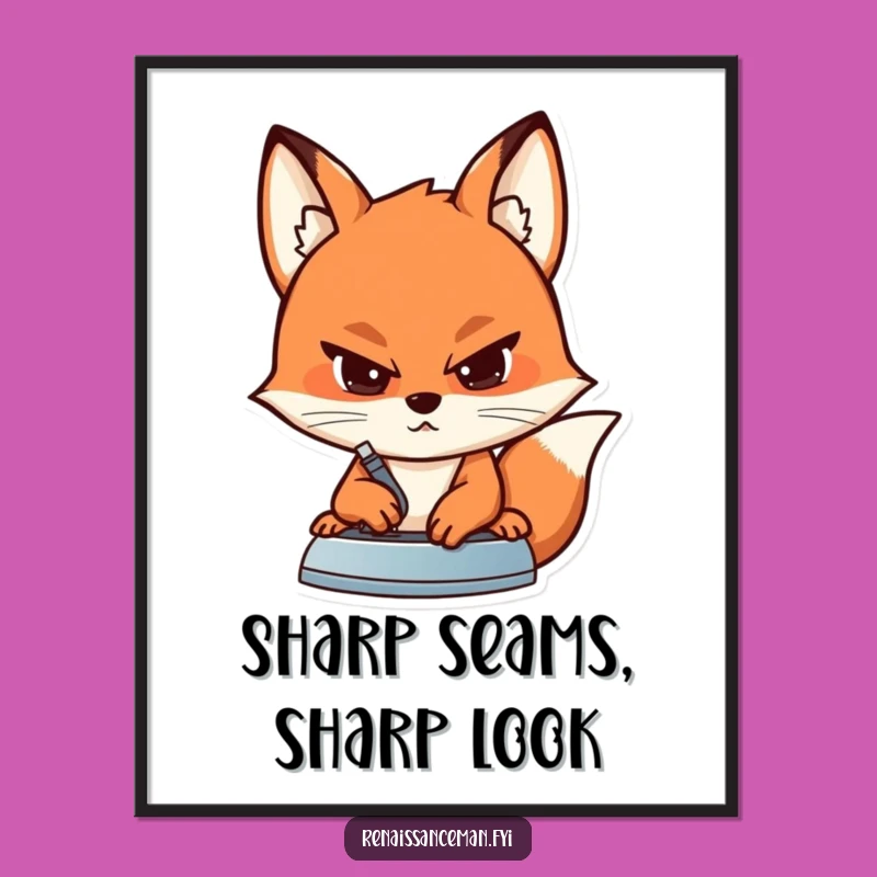 Funny Fox Sewing Digital Art Print: Determined Pressing Action for Crafty Decor