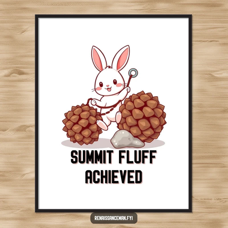 Funny digital art print of a cheerful bunny using a grappling hook to climb a pinecone, ready for immediate humorous display.