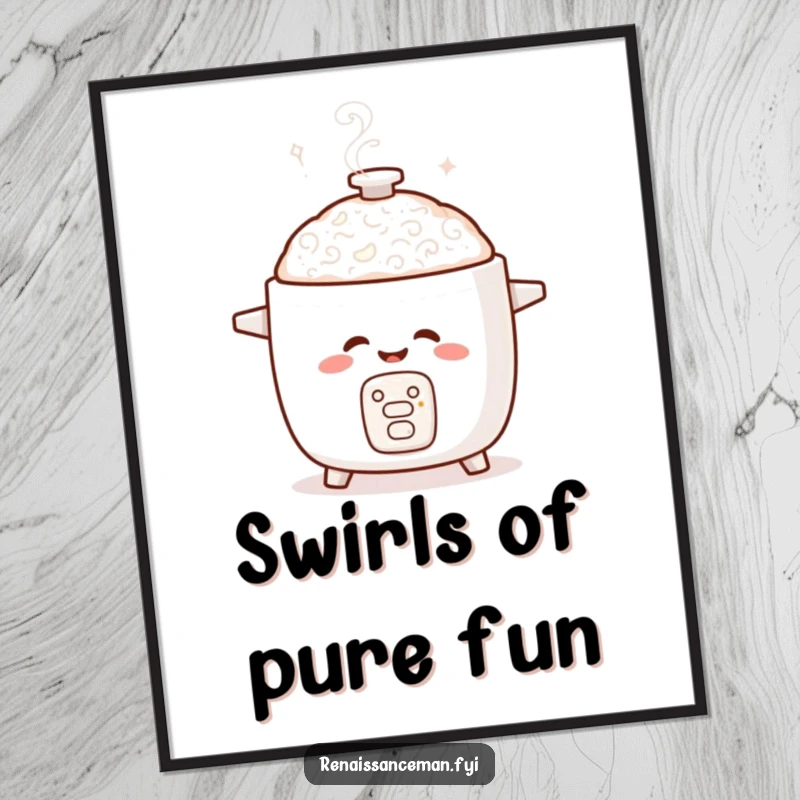 Funny digital art print of a giggling rice cooker with steam forming playful swirls, perfect for humorous wall decor.