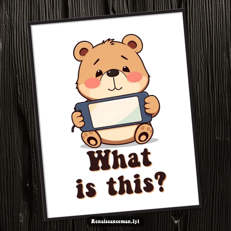 Funny playful bear holding a smartphone upside down, looking confused. High-resolution and funny digital art.