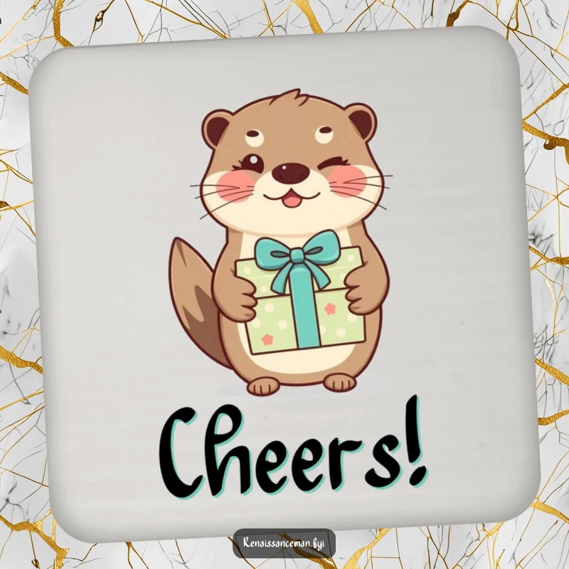 Funny otter gift coaster. A beaming otter winks while presenting a beautifully wrapped gift, preventing drink rings.