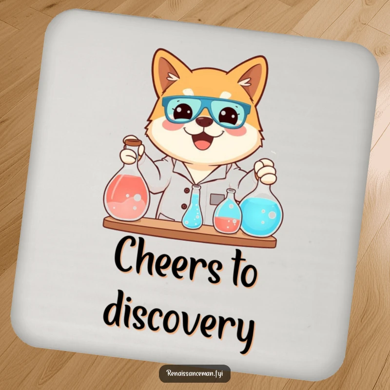 Funny coaster featuring a beaming Shiba Inu conducting a science experiment, adding canine scientific charm to tabletops.