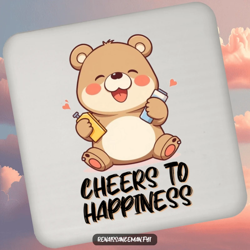 Funny drink coasters featuring a giggling bear character demonstrating a product with exaggerated happy movements, perfect for parties and gatherings.