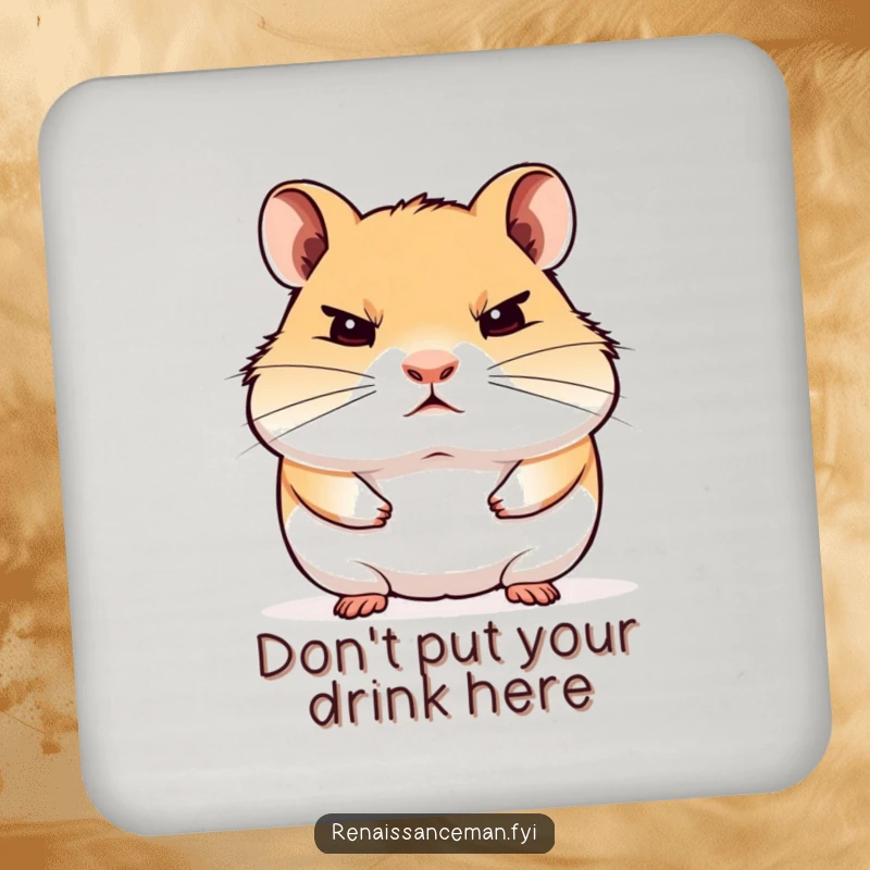 Funny coasters with a proud hamster staring blankly with disdain, safeguarding tables with judgmental humor.