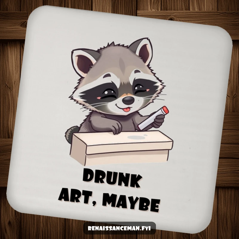 Funny Giggling Raccoon Placing Chalk on Ledge, Drink Coaster Set, Humorous Tableware.