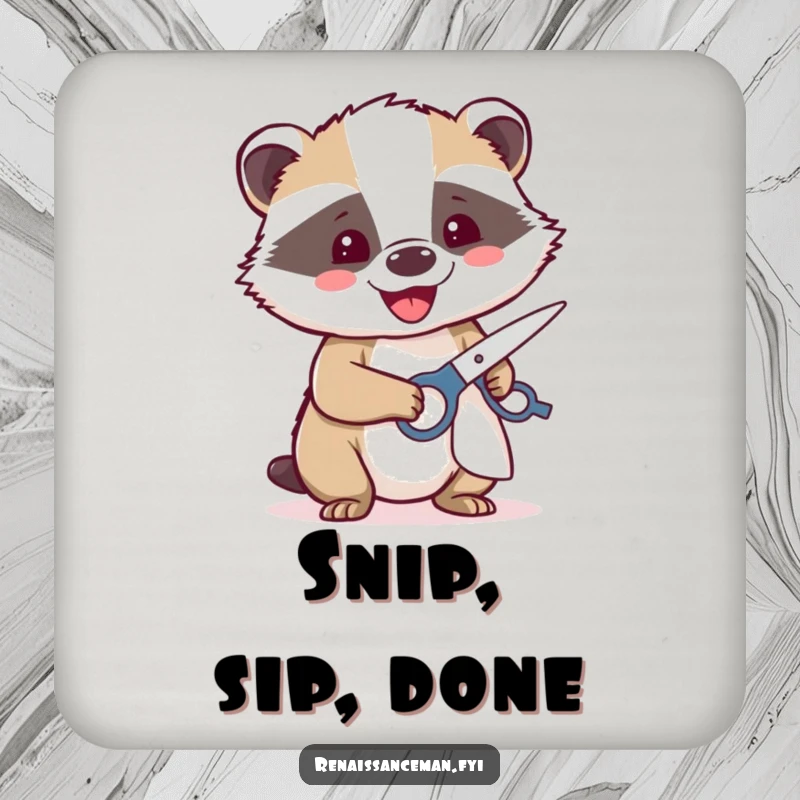 Funny drink coaster with a beaming badger happily using sharp scissors to cut fabric, adding a humorous crafting accent.