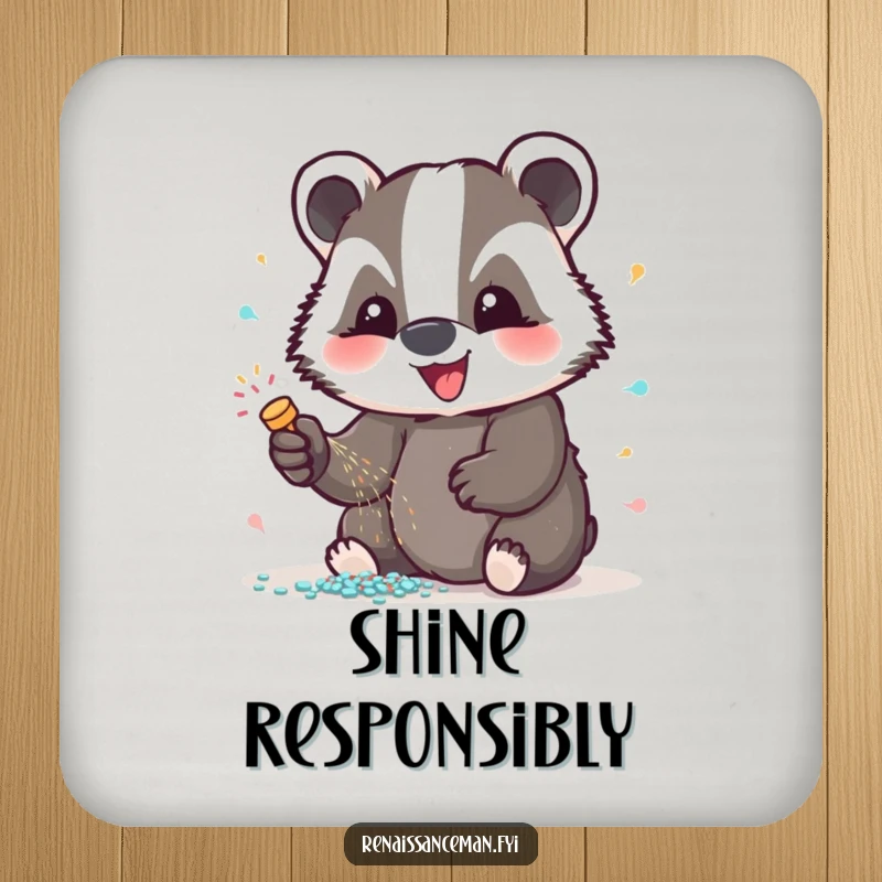 Funny badger glitter coasters, set of delightful coasters featuring a badger spreading sparkle, protecting surfaces with humor and charm, excellent gift.