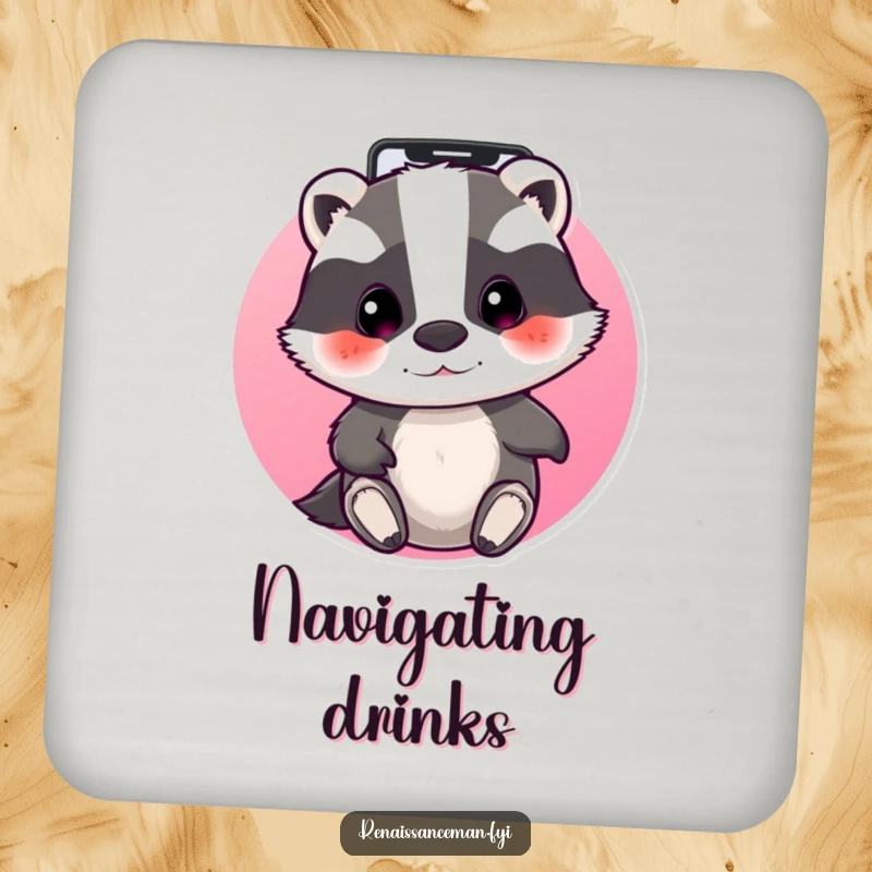 Funny beaming badger focused on a phone screen, swiping through apps. Protective and funny coaster.