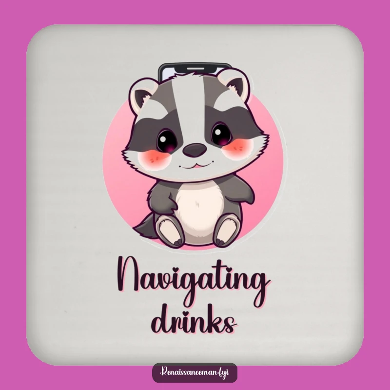 Funny Badger Techie Coaster: Beaming badger navigating apps, a perfect funny tech gift.