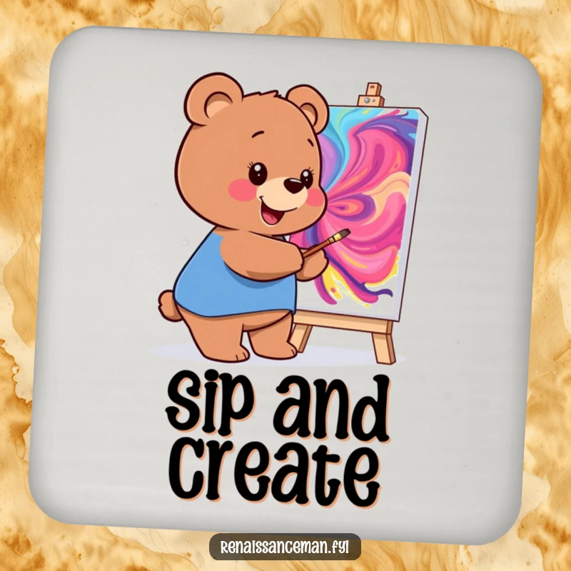 Funny drink coasters featuring a smiling bear painting a vibrant masterpiece, adding artistic humor to table settings.