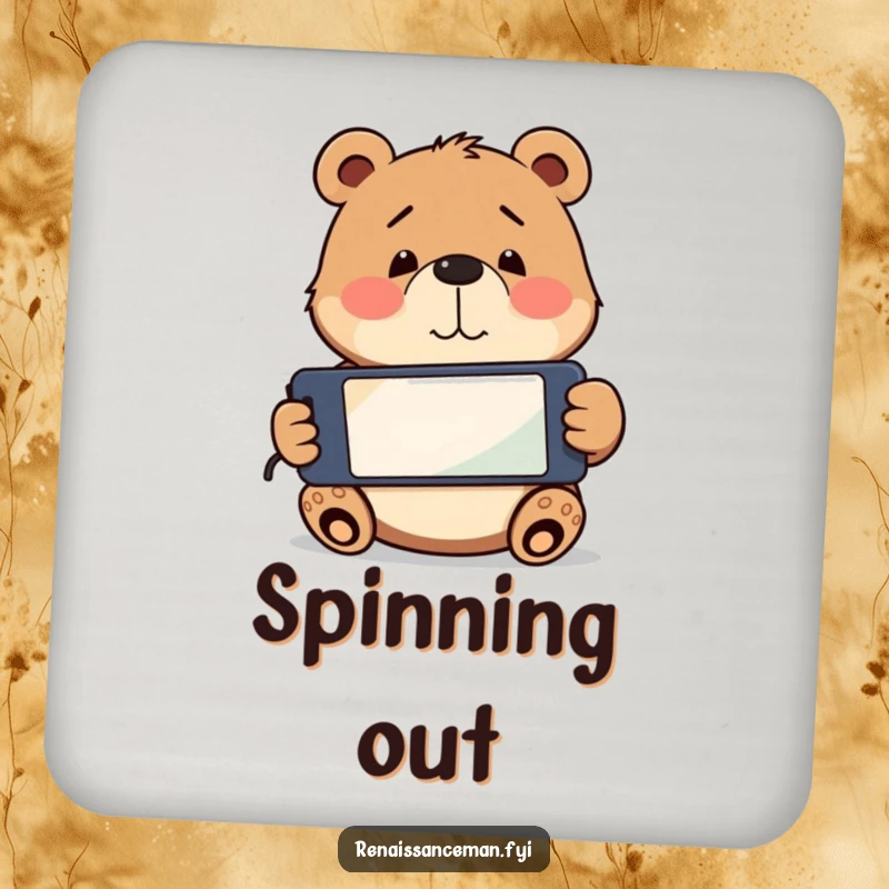 Funny playful bear holding a smartphone upside down, looking confused. Protective and funny coaster.