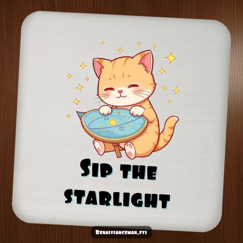 Funny cat drink coaster, examining a detailed celestial map, protects surfaces, adds a touch of whimsy, space-themed home decor.