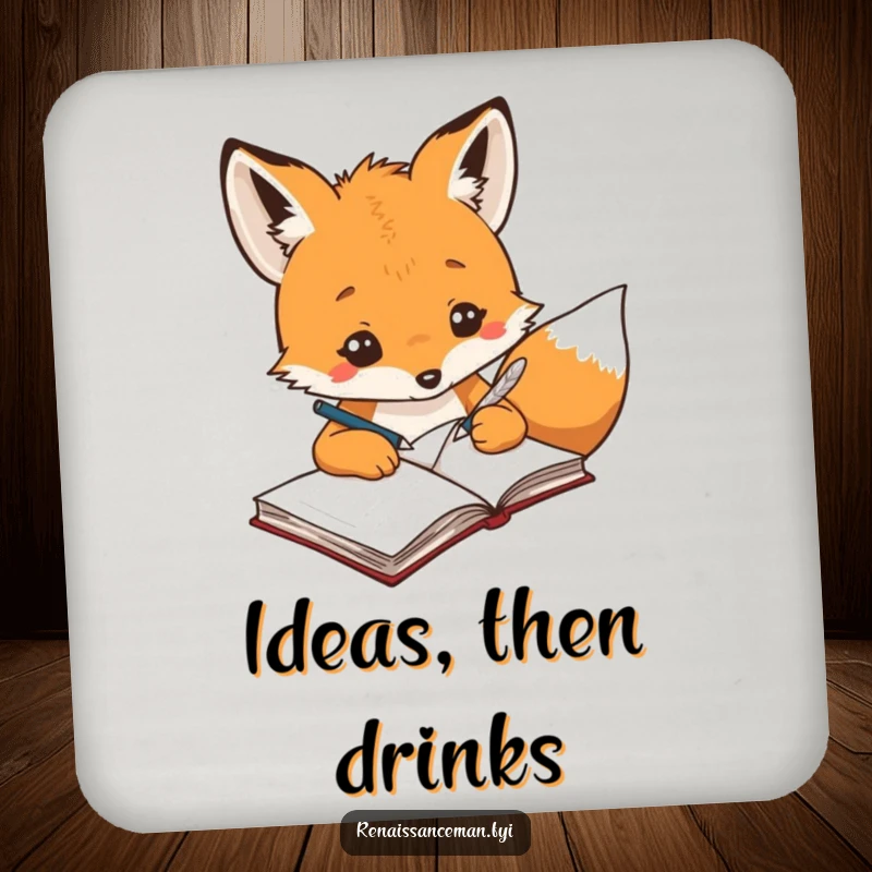 Funny creative fox with a quill pen writing ideas in a notebook, depicted on a protective and artistic drink coaster.